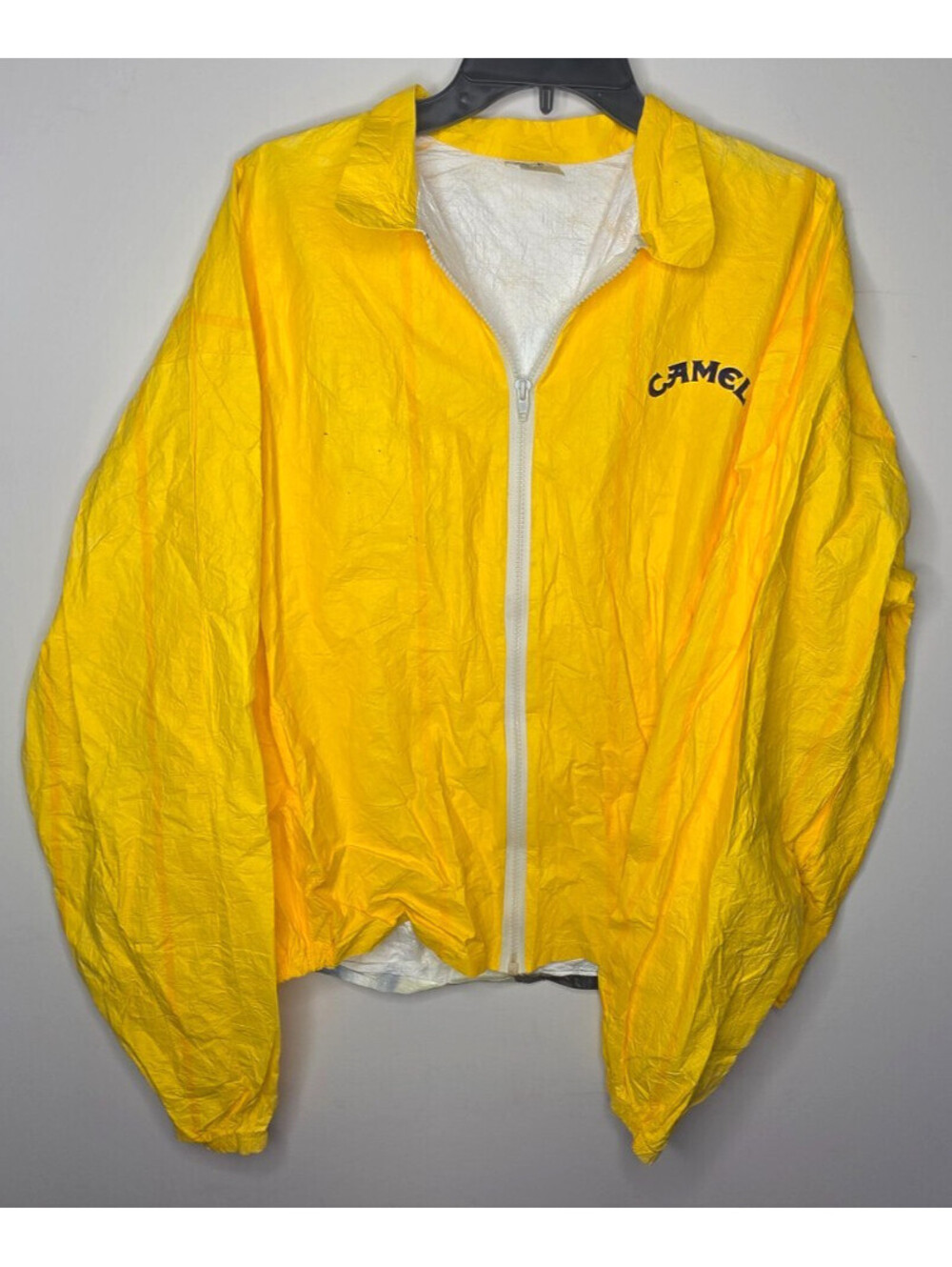 VTG 1992 JOE CAMEL Cigarettes Promo Yellow Paper Windbreaker DuPont Size XL Used - Picture 3 of 8